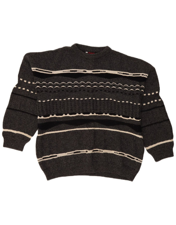 Винтажный мужской джемпер с круглым вырезом, свитер 2XL, серый в полоску, шерстяной