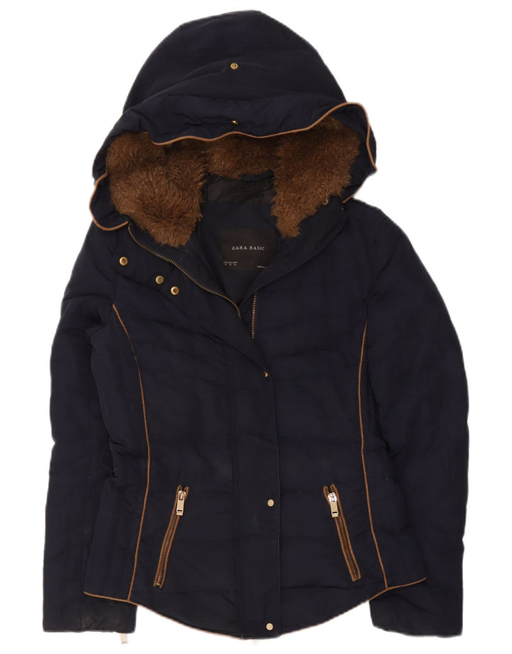 Женская стеганая куртка с капюшоном Zara UK 12, средний темно-синий полиэстер