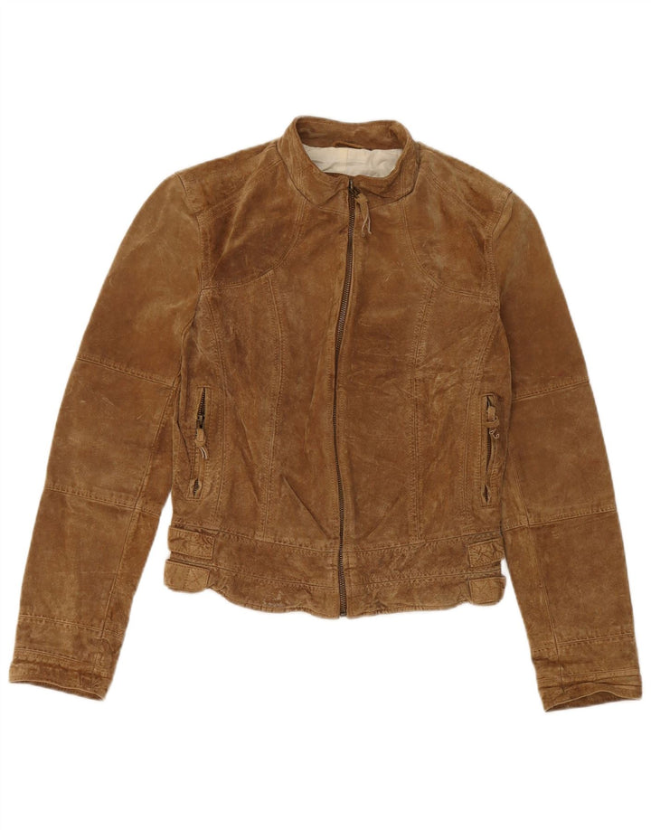 Женская укороченная замшевая куртка Zara UK 12, кожа среднего бежевого цвета
