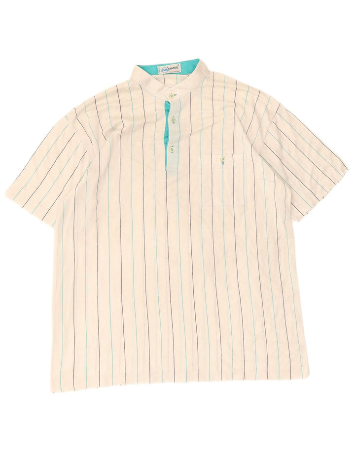VINTAGE Mens Polo Shirt Medium Off White Striped Cotton