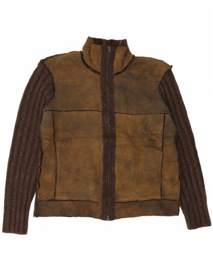 Винтажный мужской свитер-кардиган IT 50, средний коричневый цвет, хлопок с цветными блоками