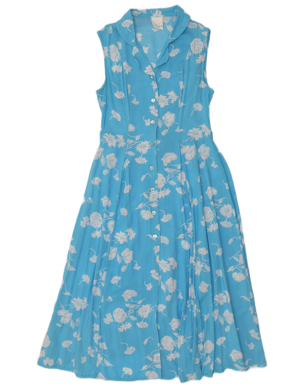 ВИНТАЖНОЕ женское платье макси без рукавов, Великобритания 14, большой синий цветочный вискоза