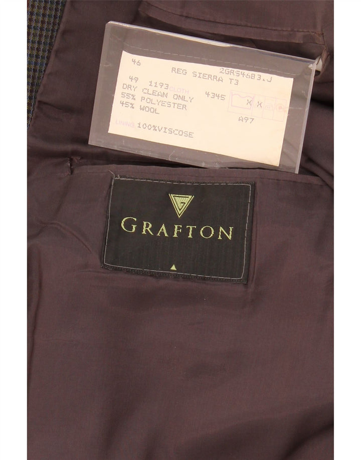 GRAFTON Mens 3 Button Blazer Jacket UK 46 3XL Grey Houndstooth Polyester Vintage Grafton and Second-Hand Grafton from Messina Hembry 