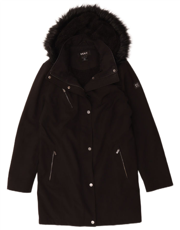 Женское пальто из шерпы с капюшоном Dkny UK 16, большой черный полиэстер