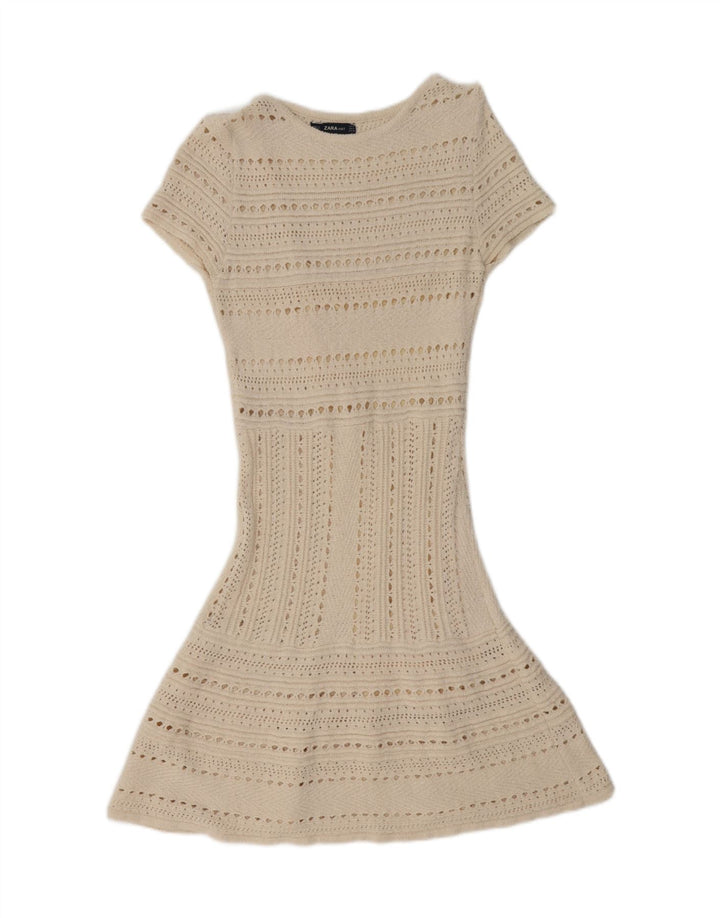 Женское прозрачное платье-джемпер с короткими рукавами Zara UK 12, средний белый цвет