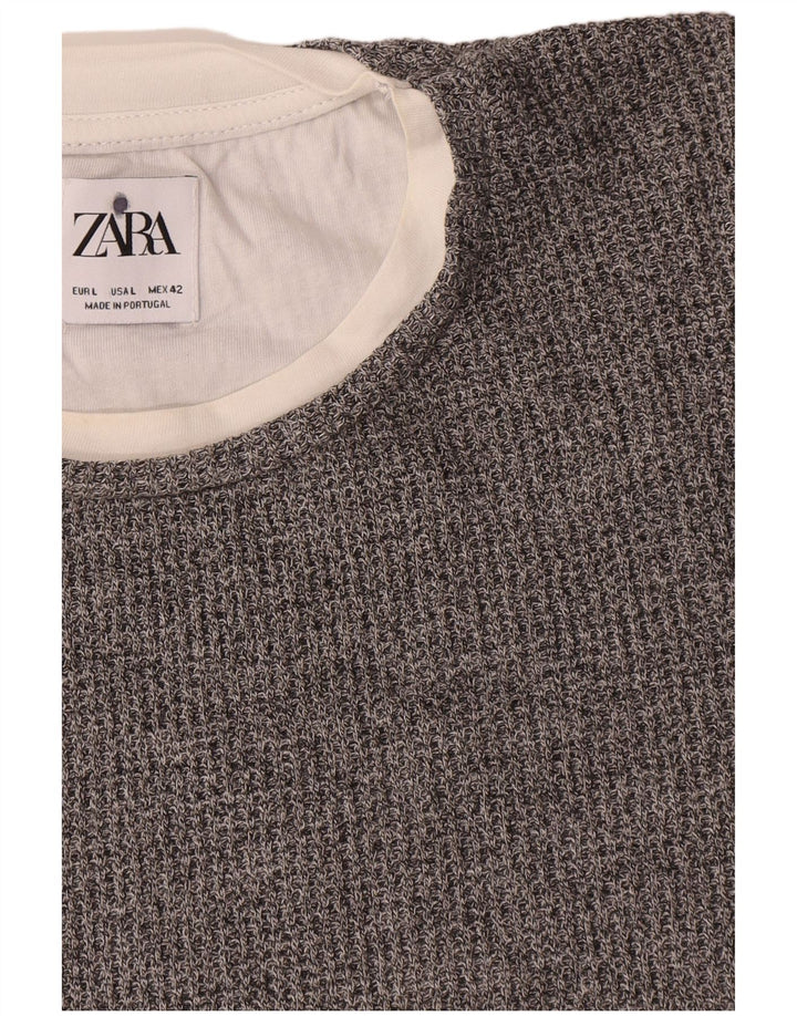 Мужской джемпер с круглым вырезом Zara, большой серый хлопковый свитер