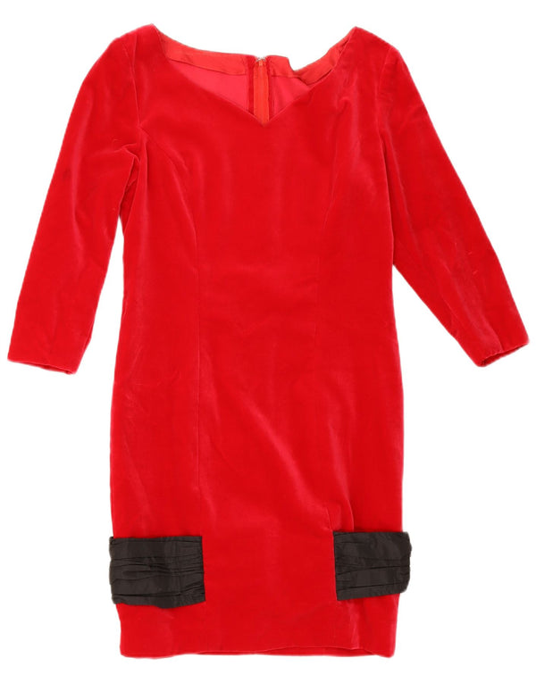 Vintage Womens Velvet 3/4 Sleeve Sheath Dress UK 10 Small Red Colourblock