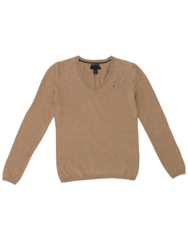 Женский джемпер с v-образным вырезом Tommy Hilfiger UK 6 XS, бежевый хлопок с крапинками