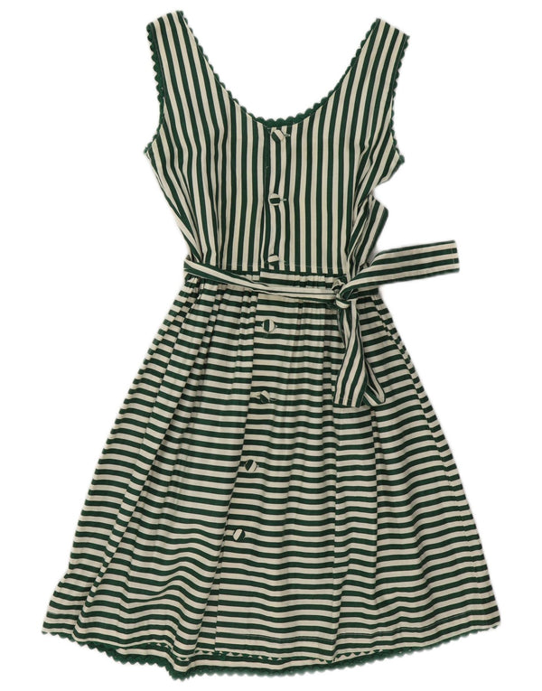 Vintage Womens Sleeveless A-Line Dress UK 10 Small Green Striped Cotton