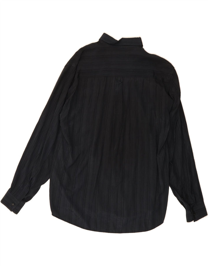 WAMPUM Mens Shirt Large Navy Blue Striped Polyester Vintage Wampum and Second-Hand Wampum from Messina Hembry 