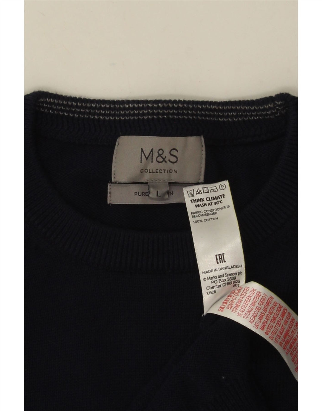 Мужской джемпер с круглым вырезом MARKS & SPENCER, большой темно-синий хлопковый свитер