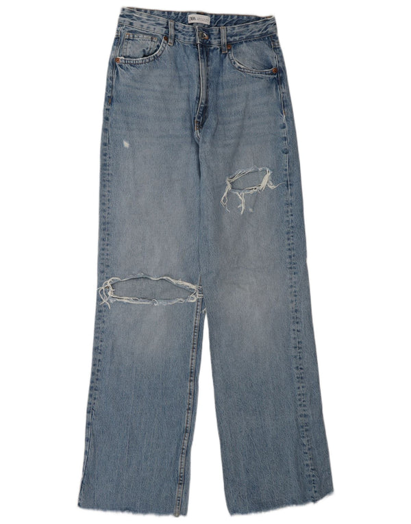 Женские потертые джинсы Zara с высокой талией EU 38, маленькие W28 L34, синие, хлопок