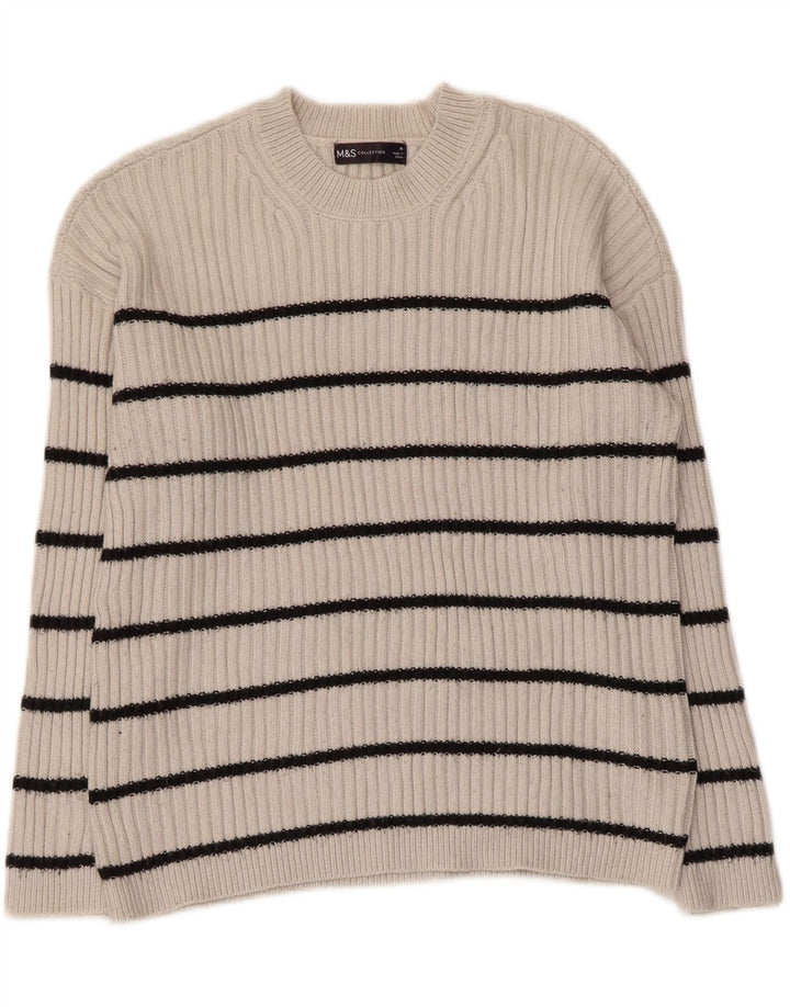 MARKS & SPENCER Womens Crew Neck Jumper Sweater UK 14 Medium Grey Striped