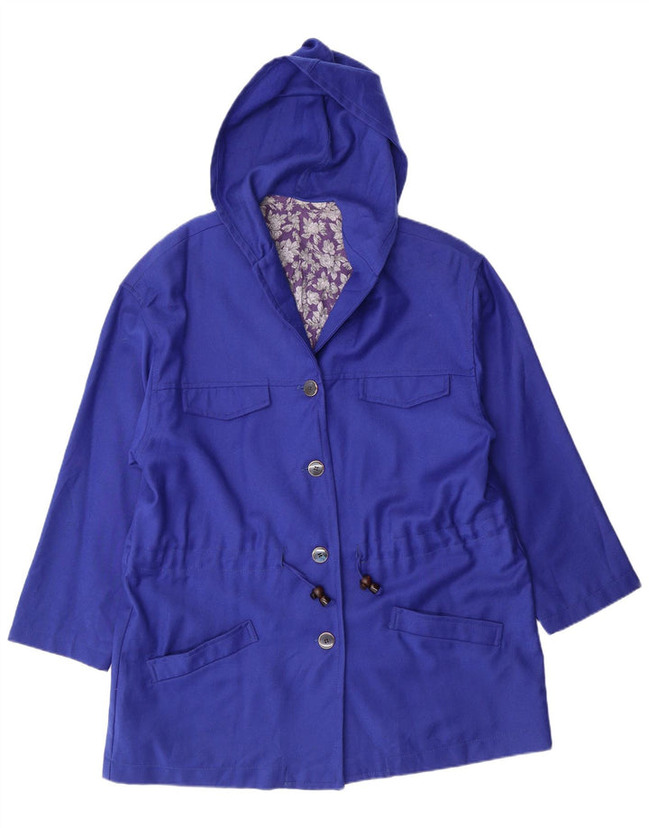 VINTAGE Womens Hooded Overcoat UK 14 Large Blue Virgin Wool