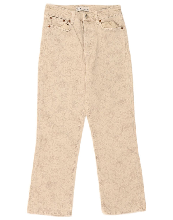 Женские укороченные джинсы Zara, маленькие W28 L25, бежевые, хлопковые с цветочным принтом