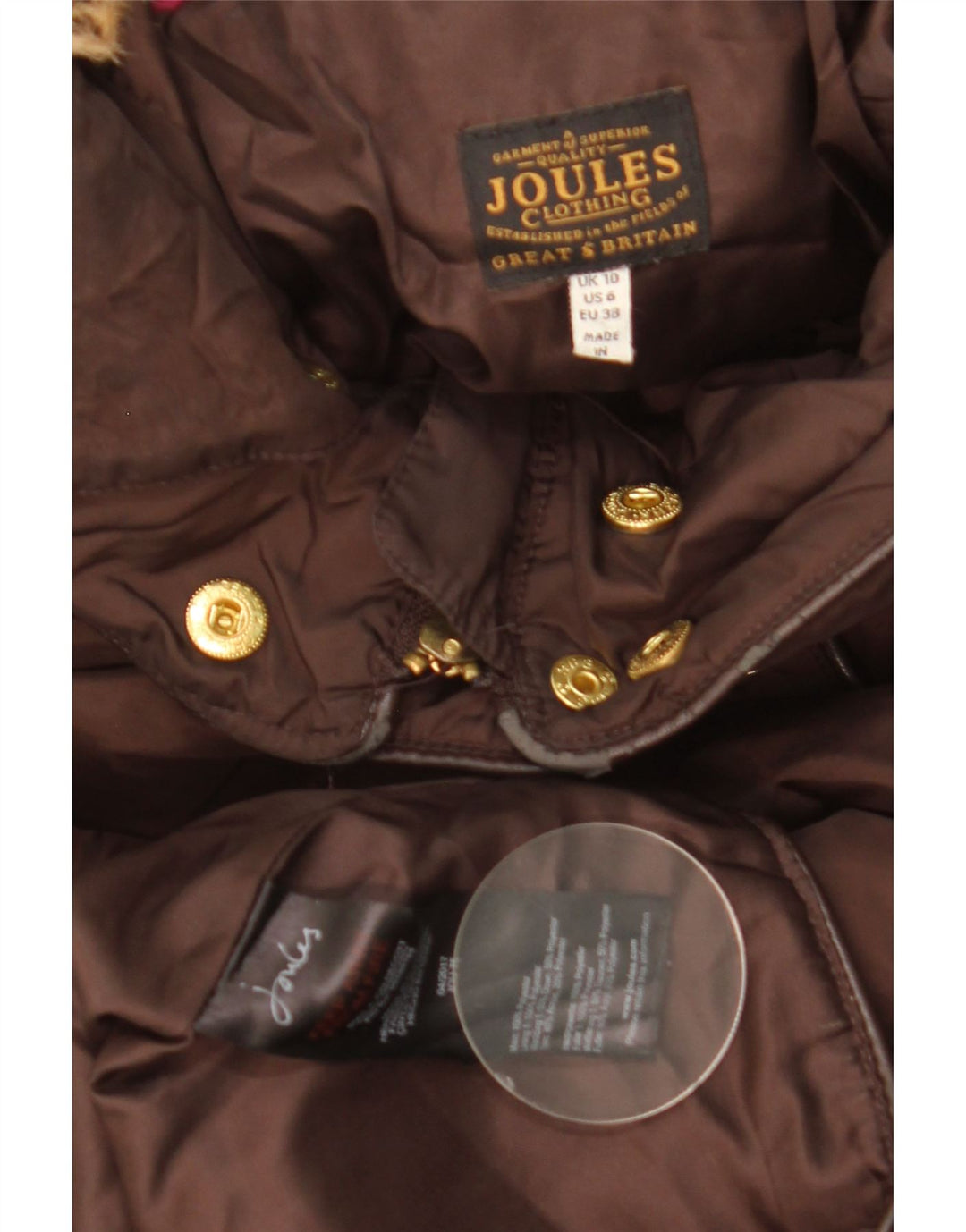 JOULES Женское стеганое пальто с капюшоном UK 10, маленький коричневый, полиэстер