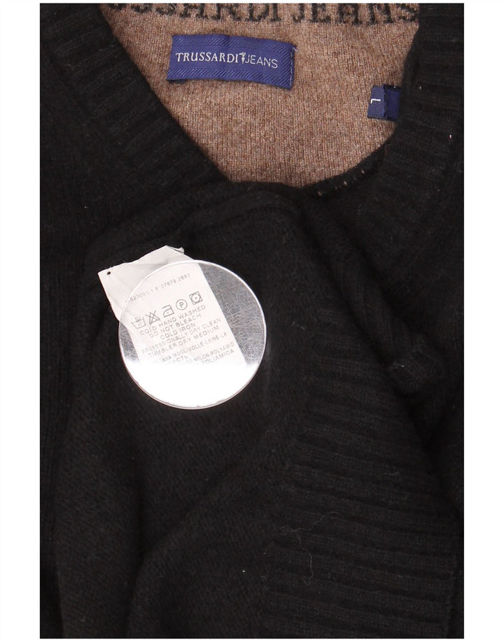 TRUSSARDI JEANS Мужской джемпер с v-образным вырезом, большой черный шерстяной свитер