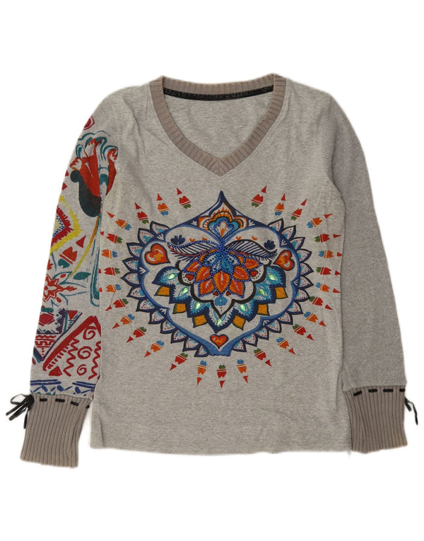 Женский топ Desigual с длинным рукавом и рисунком, UK 14, хлопок среднего серого цвета с цветочным принтом