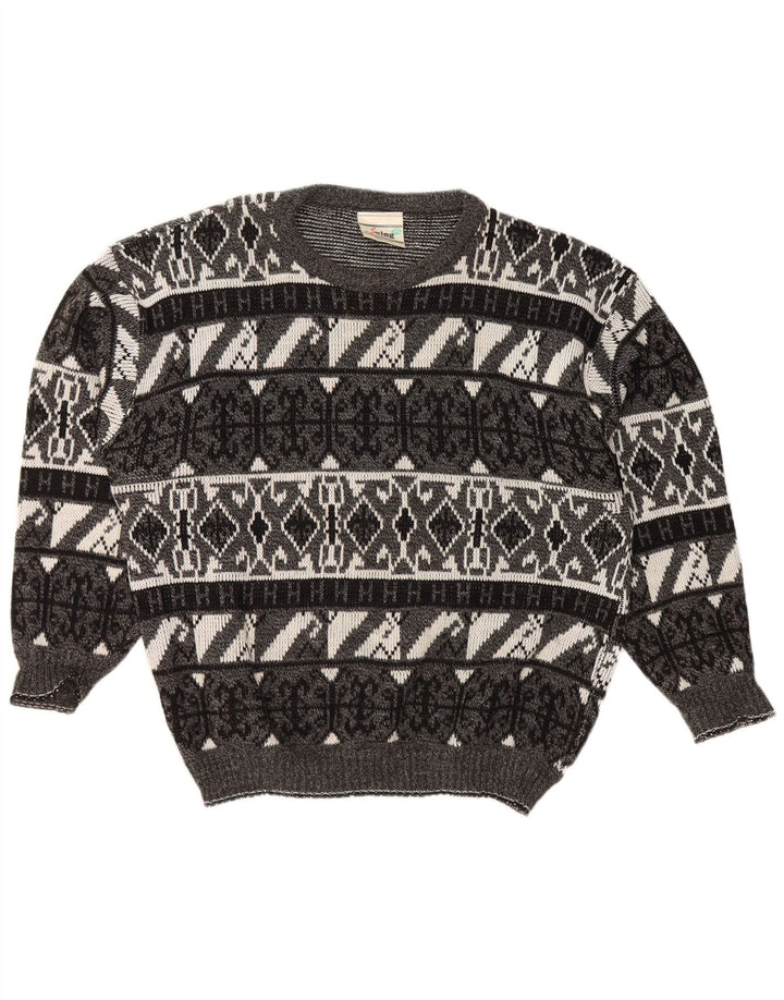 ВИНТАЖНЫЙ мужской свитер с вырезом «лодочка» XL, серый акрил с геометрическим узором