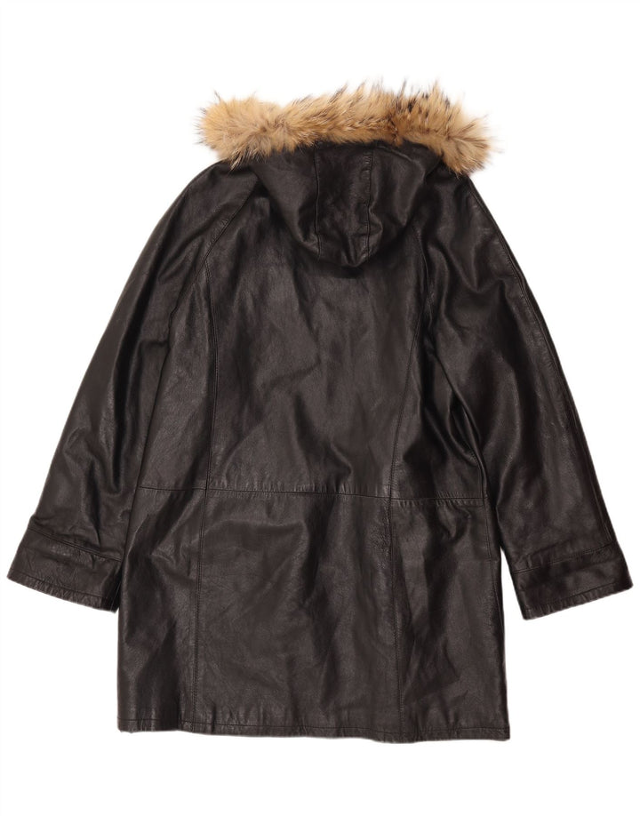 ВИНТАЖНОЕ женское кожаное пальто с капюшоном IT 52 2XL, черное кожаное
