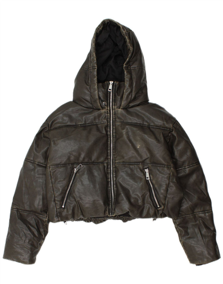 Женская укороченная стеганая куртка оверсайз с капюшоном ZARA UK 10, маленький цвет хаки