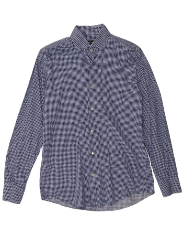 Мужская рубашка приталенного кроя Hugo Boss, размер 38 15, средний синий пятнистый хлопок