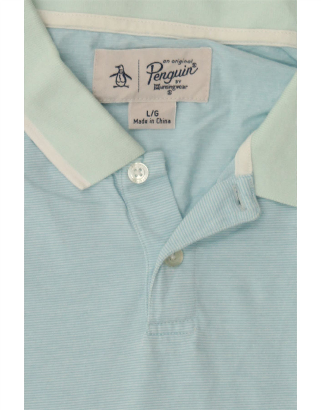 PENGUIN Mens Polo Shirt Large Blue Pinstripe Cotton Vintage Penguin and Second-Hand Penguin from Messina Hembry 