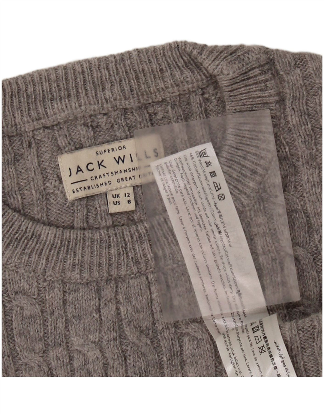 Женский укороченный джемпер с круглым вырезом JACK WILLS, Великобритания 12, шерсть среднего серого цвета
