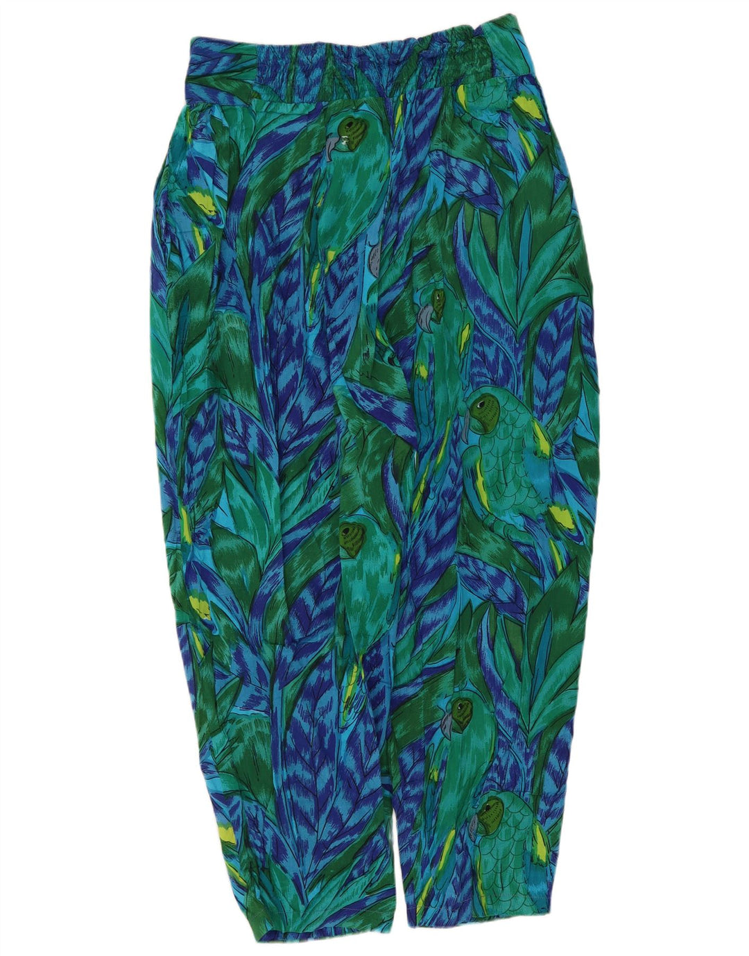 Винтажные женские брюки-шаровары среднего размера W28 L22, зеленые, вискозные, тропические с цветочным принтом