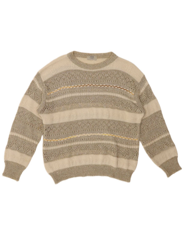 ВИНТАЖНЫЙ женский джемпер с вырезом «лодочка», Великобритания, 14 размеров, хлопок в большую бежевую полоску