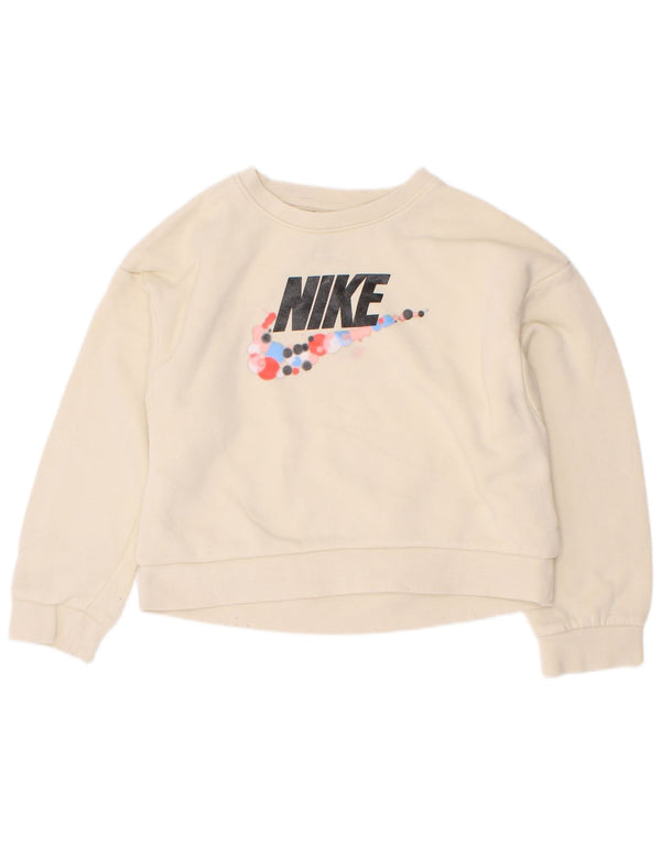 Nike Girls Graphic Sweatshirt Jumper 5-6 Years Medium Beige Cotton