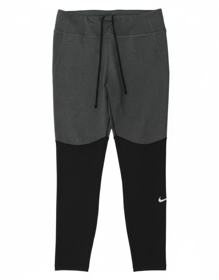 NIKE Womens Dri Fit Leggings UK 14 Large Grey Colourblock Polyester
