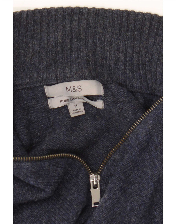 Мужской джемпер с воротником на молнии Marks & Spencer среднего темно-синего цвета из овечьей шерсти