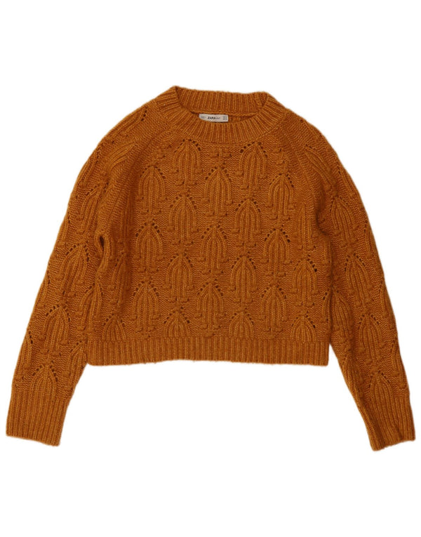 Zara Womens Crop Crew Neck Jumper Sweater UK 14 Medium Orange Acrylic