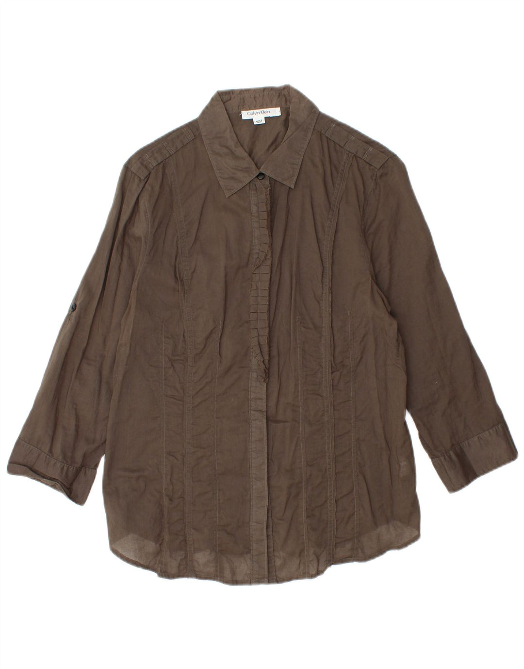Женская рубашка с рюшами спереди CALVIN KLEIN, Великобритания 14, большой коричневый хлопок
