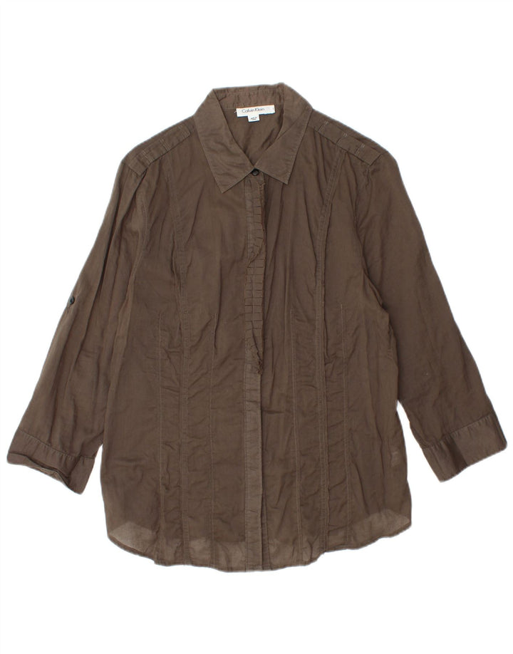 Женская рубашка с рюшами спереди CALVIN KLEIN, Великобритания 14, большой коричневый хлопок