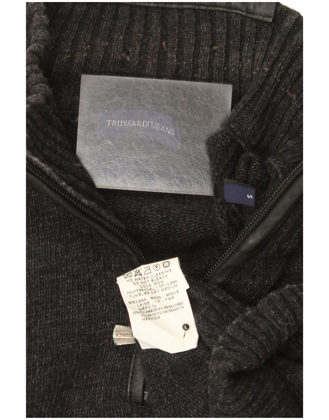 Мужской джемпер с воротником на молнии Trussardi Jeans, маленький серый шерстяной свитер