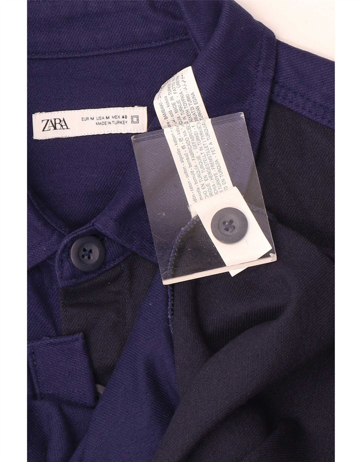 Мужская рубашка-рубашка Zara среднего размера, темно-синяя, хлопковая с цветными блоками