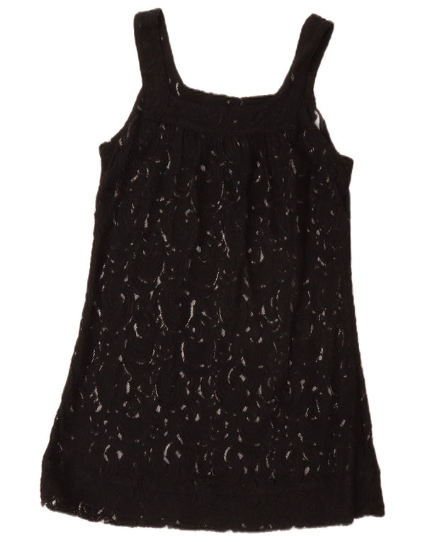 ВИНТАЖНАЯ женская прозрачная туника без рукавов UK 12, средний черный цветочный принт