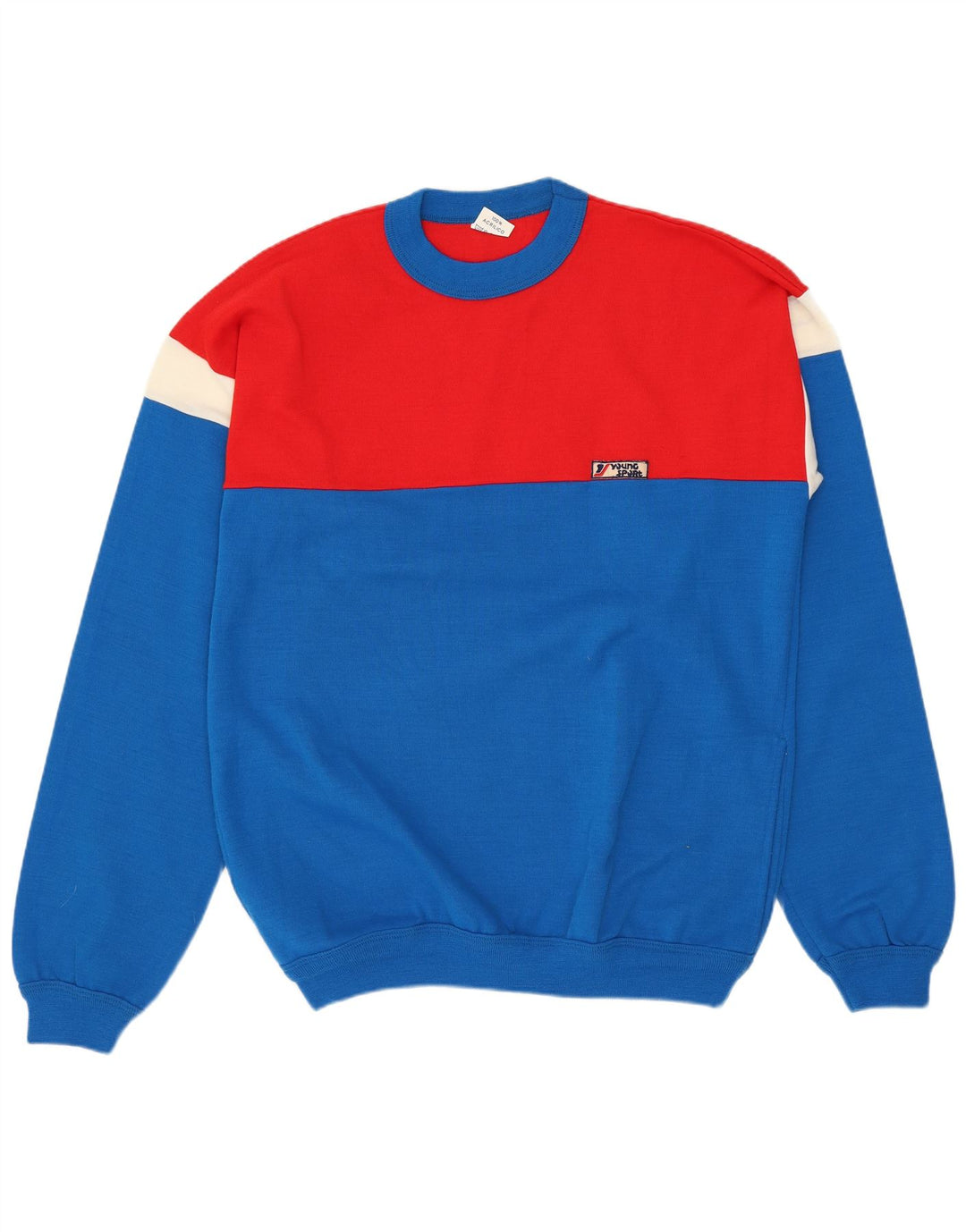 ВИНТАЖНЫЙ мужской джемпер с круглым вырезом, свитер среднего синего цвета, акрил с цветными блоками