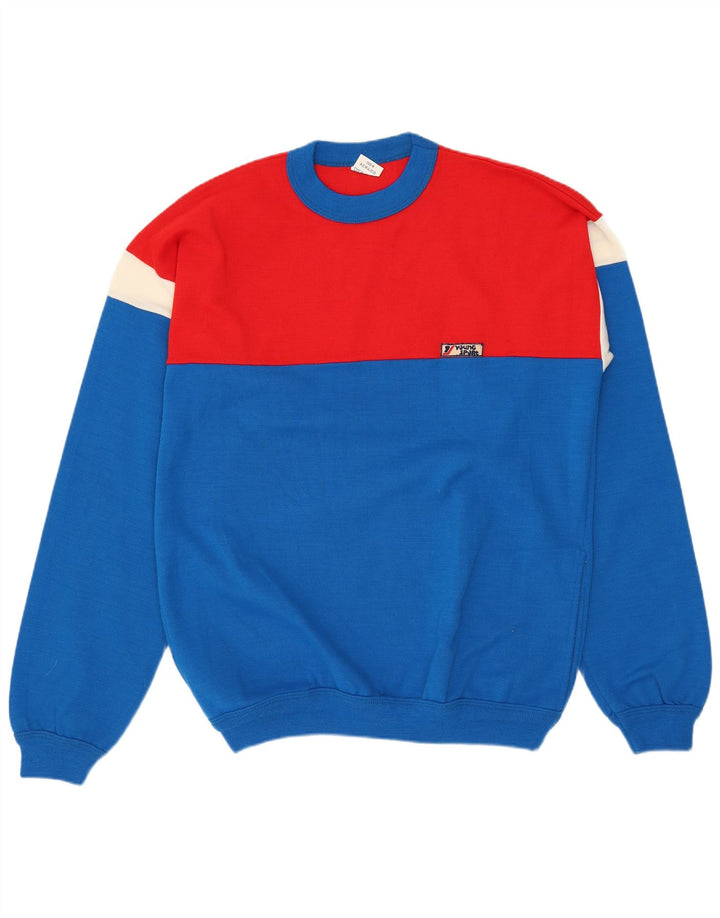 ВИНТАЖНЫЙ мужской джемпер с круглым вырезом, свитер среднего синего цвета, акрил с цветными блоками