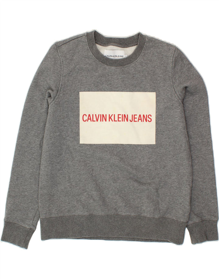 CALVIN KLEIN JEANS Womens Graphic Sweatshirt Jumper UK 14 Medium Grey Vintage Calvin Klein Jeans and Second-Hand Calvin Klein Jeans from Messina Hembry 