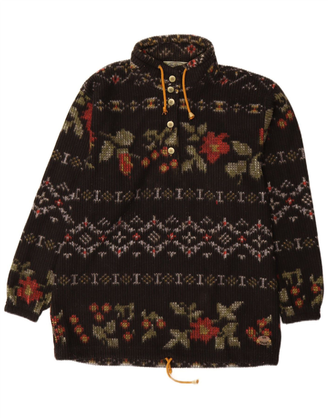 Винтажный женский джемпер на пуговицах, свитер IT 48 XL, черный полиэстер с цветочным принтом