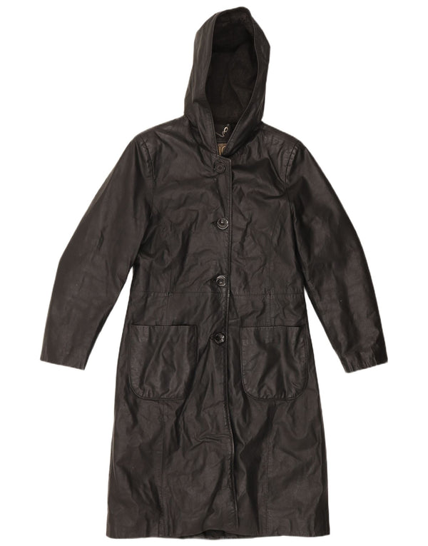 Винтажное женское кожаное пальто с капюшоном IT 44 Medium Black Leather
