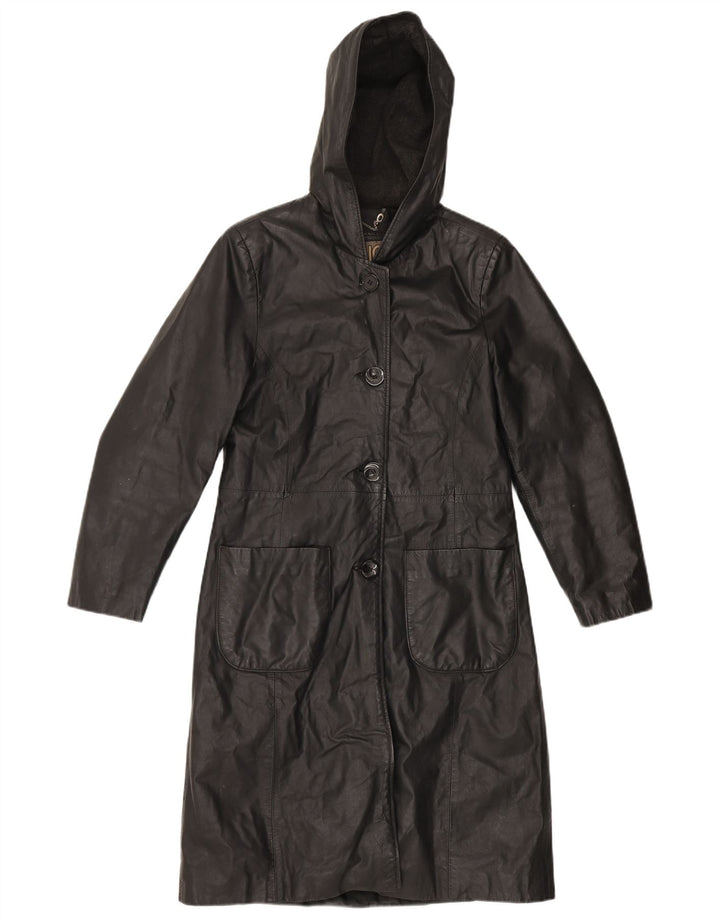 Винтажное женское кожаное пальто с капюшоном IT 44 Medium Black Leather