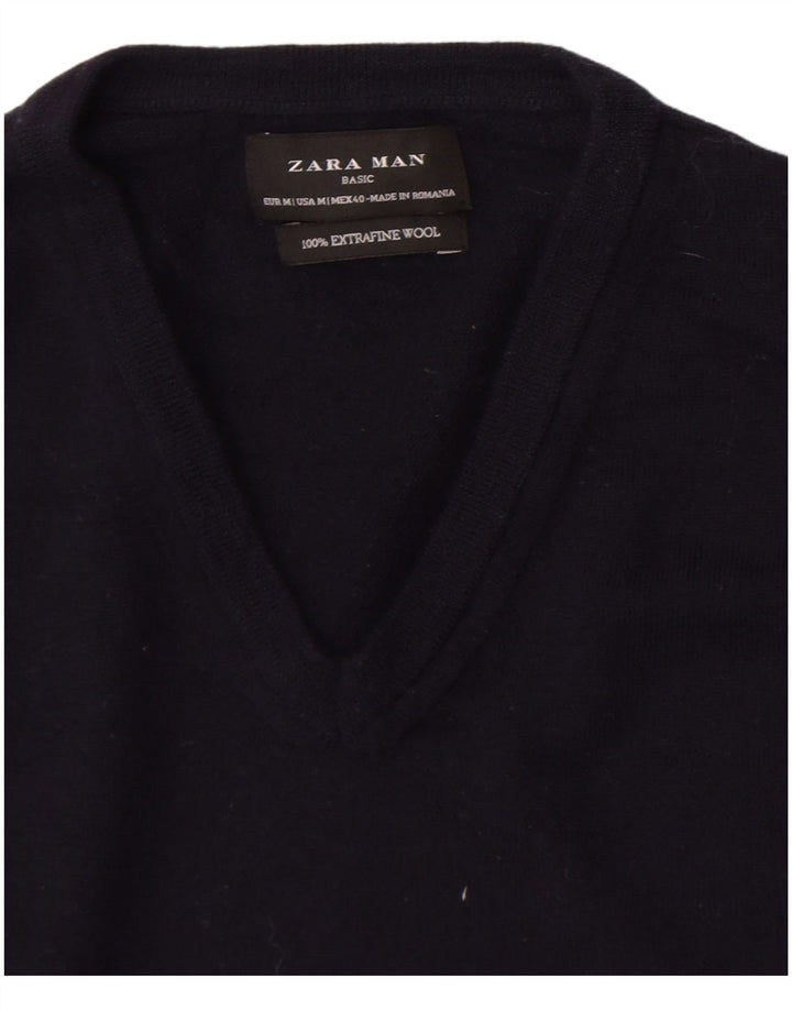 Мужской джемпер с v-образным вырезом Zara, средний темно-синий шерстяной свитер