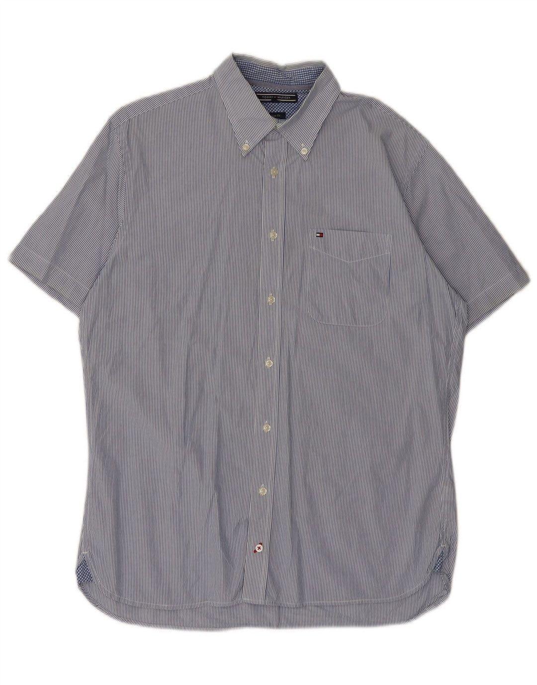 TOMMY HILFIGER Mens Custom Fit Short Sleeve Shirt Medium Blue Pinstripe