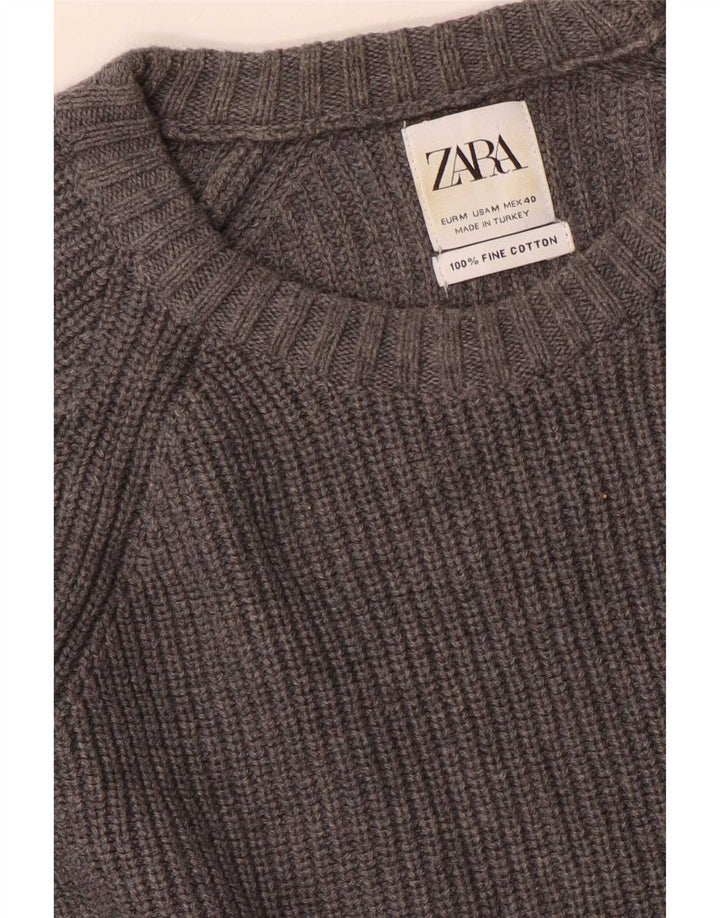Мужской джемпер с круглым вырезом Zara, хлопковый свитер среднего серого цвета