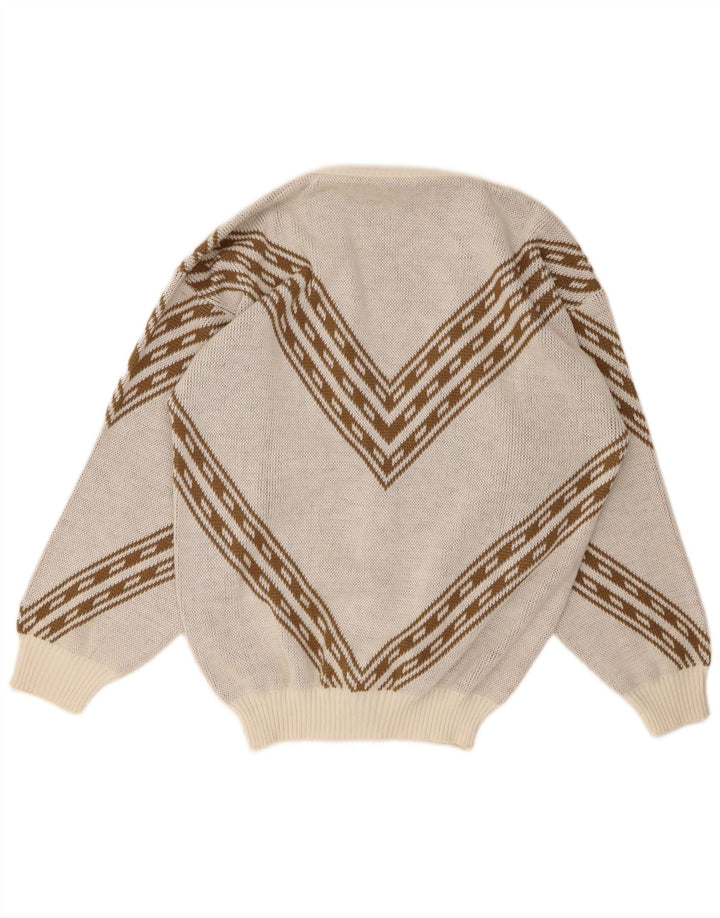 Винтажный мужской свитер-кардиган размера XL, белый акрил с геометрическим узором