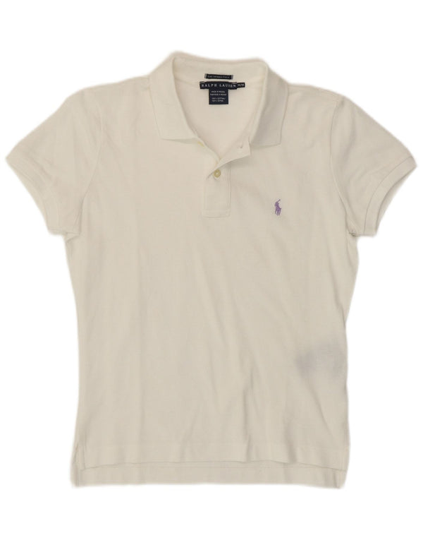 RALPH LAUREN Womens Skinny Polo Shirt UK 12 Medium White Cotton